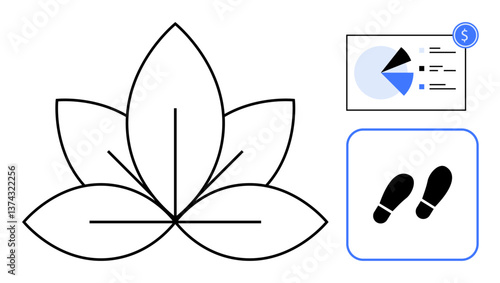 Abstract lotus outline, pie chart with financial overlay, footprint tracking icon. Ideal for wellness, mindfulness, fitness, analytics, sustainability finance personal growth. Flat simple metaphor