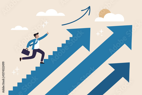 Step to success, improvement, challenge or career growth development, leadership progress, career path direction or stairway to win business concept, businessman walk up arrow stair for victory.