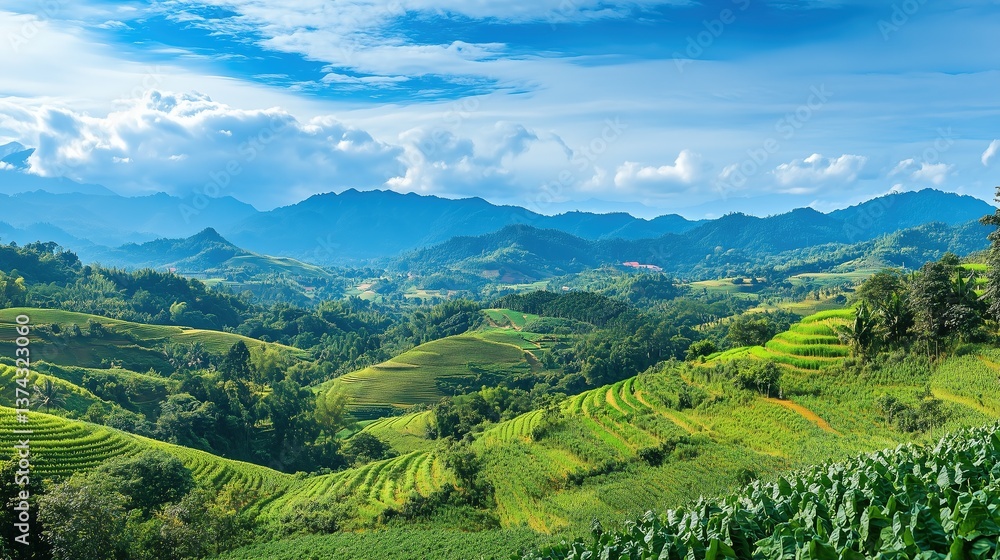 Fototapeta premium Lush Green Rice Terraces in a Mountain Valley