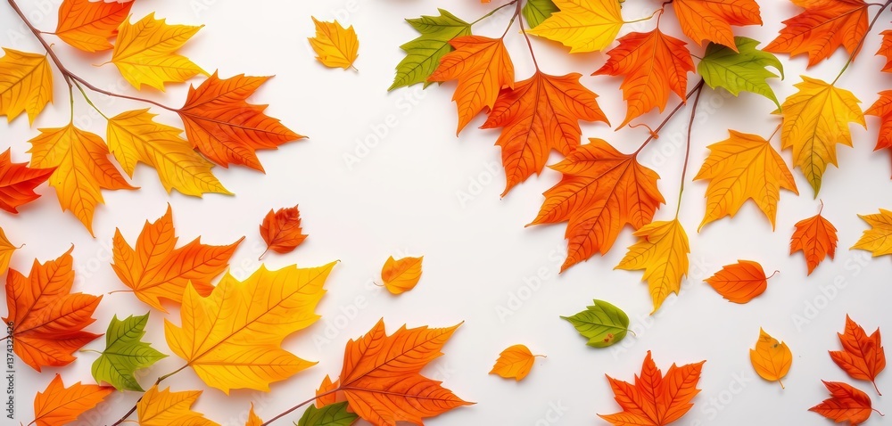 Vibrant autumn leaves, orange, green, yellow, gray, textured, minimal flat lay, white background , abstract, colorful Vibrant autumn leaves, orange, green, yellow, gray, textured, minimal flat lay, white background , abstract, colorful