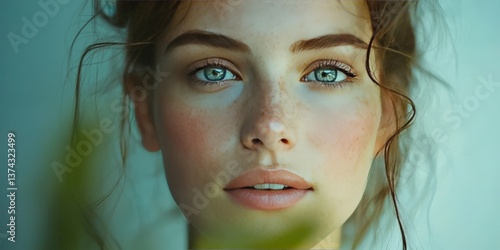 Young woman with green eyes looking intensely into camera surrounded by neutral science background representing focus research emotion and individuality in high resolution