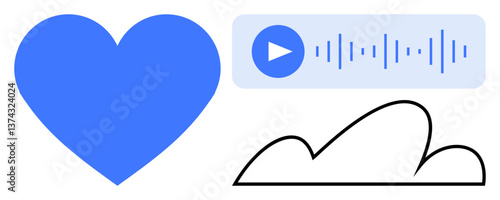 Blue heart, sound waveform with play button, cloud outline. Ideal for themes of love, music, technology, communication, creativity digital connection and joy. Flat simple metaphor