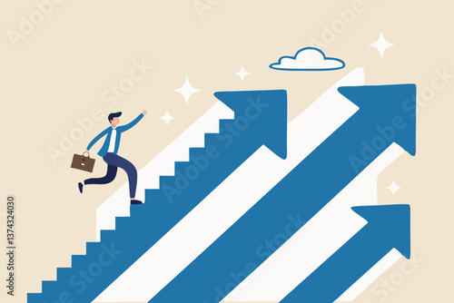 Step to success, improvement, challenge or career growth development, leadership progress, career path direction or stairway to win business concept, businessman walk up arrow stair for victory.