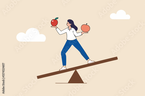 Comparison, decision to choose alternative choices, doubt or thoughtful compare good and bad things for best result, options concept, business woman compare orange and apple while balance on seesaw.