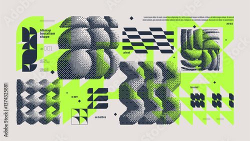 Dithering bitmap abstract vector color background with Postmodern geometric graphic brutalism shapes, Y2K bold vector pixelated modernism artwork banner inspiration by retro 8-bit aesthetic