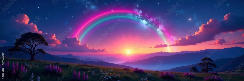 Fototapeta premium Vibrant rainbow stretching across vibrant landscape under starry night sky, nature, awe-inspiring, stars