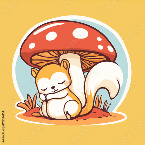 Squirrels sleeping on mushrooms, vector illustration.