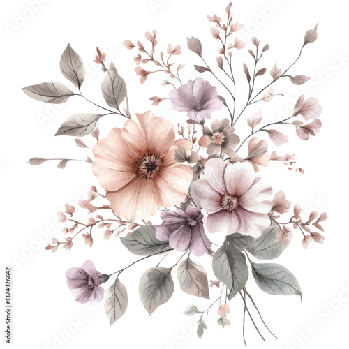 Elegant pastel floral bouquet watercolor illustration with soft pink and purple flowers and muted green foliage
