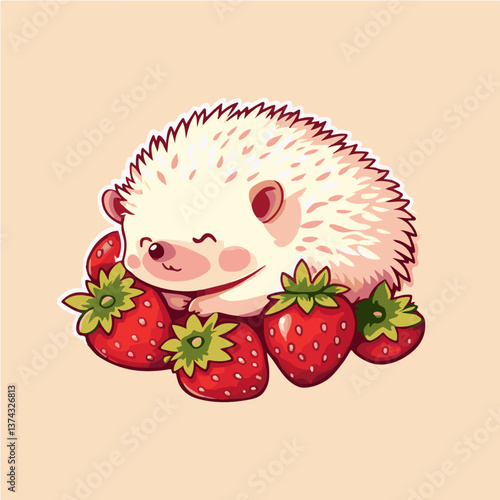 Hedgehog sleeping on strawberries, vector illustration.