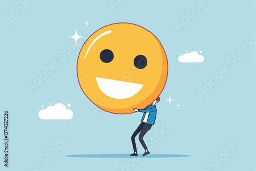 Job satisfaction, employee happiness or optimistic attitude, cheerful morality or endorphins for positive thinking, feel good, emotional intelligence concept, businessman carry big happy smile face.