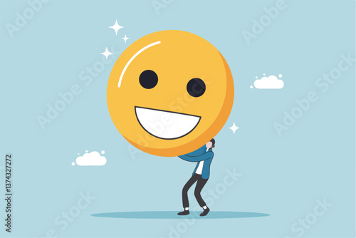 Job satisfaction, employee happiness or optimistic attitude, cheerful morality or endorphins for positive thinking, feel good, emotional intelligence concept, businessman carry big happy smile face.