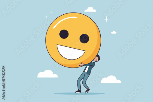 Job satisfaction, employee happiness or optimistic attitude, cheerful morality or endorphins for positive thinking, feel good, emotional intelligence concept, businessman carry big happy smile face.