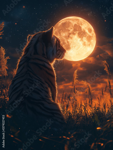 A tiger sits watching the full moon in the middle of the forest on a quiet night.
