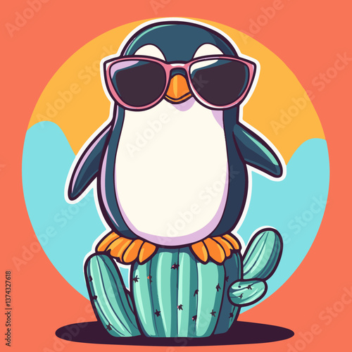 Penguin standing on cactus, vector illustration.