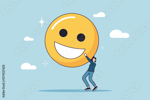 Job satisfaction, employee happiness or optimistic attitude, cheerful morality or endorphins for positive thinking, feel good, emotional intelligence concept, businessman carry big happy smile face.