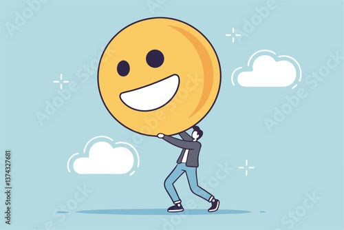 Job satisfaction, employee happiness or optimistic attitude, cheerful morality or endorphins for positive thinking, feel good, emotional intelligence concept, businessman carry big happy smile face.