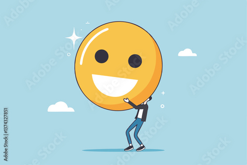Job satisfaction, employee happiness or optimistic attitude, cheerful morality or endorphins for positive thinking, feel good, emotional intelligence concept, businessman carry big happy smile face.