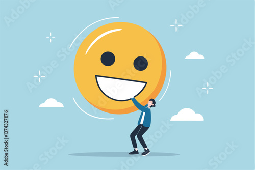 Job satisfaction, employee happiness or optimistic attitude, cheerful morality or endorphins for positive thinking, feel good, emotional intelligence concept, businessman carry big happy smile face.