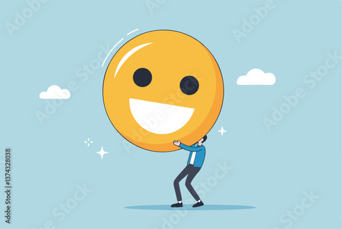 Job satisfaction, employee happiness or optimistic attitude, cheerful morality or endorphins for positive thinking, feel good, emotional intelligence concept, businessman carry big happy smile face.