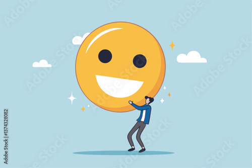 Job satisfaction, employee happiness or optimistic attitude, cheerful morality or endorphins for positive thinking, feel good, emotional intelligence concept, businessman carry big happy smile face.
