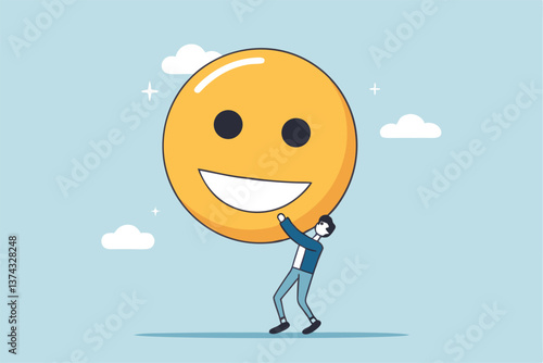 Job satisfaction, employee happiness or optimistic attitude, cheerful morality or endorphins for positive thinking, feel good, emotional intelligence concept, businessman carry big happy smile face.