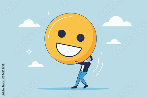 Job satisfaction, employee happiness or optimistic attitude, cheerful morality or endorphins for positive thinking, feel good, emotional intelligence concept, businessman carry big happy smile face.