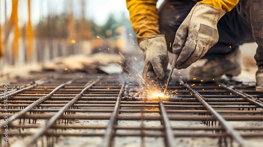 Close-up of a construction worker welding metal rebar on a construction site with sparks flying in an industrial environment Close-up of a construction worker welding metal rebar on a construction site with sparks flying in an industrial environment