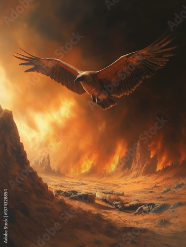 A vulture is circling over the carcasses of animals in the scorching desert.