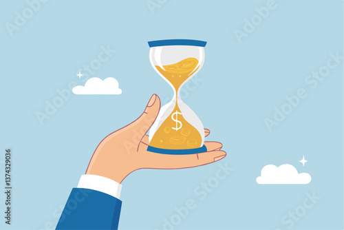 Time is money, long term investment to gain profit earning, interest rate return from savings, salary growth or wage increase concept, businessman hand holding hourglass with sand falling to money.