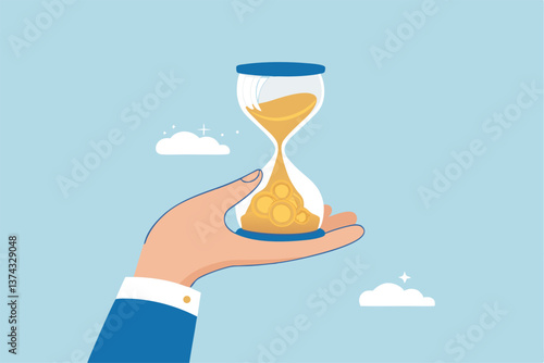 Time is money, long term investment to gain profit earning, interest rate return from savings, salary growth or wage increase concept, businessman hand holding hourglass with sand falling to money.