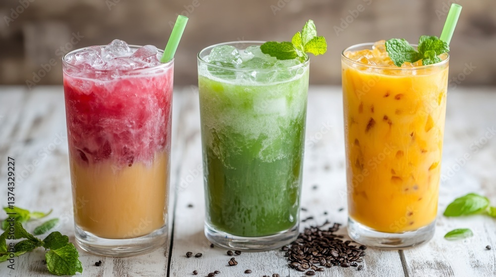 Refreshing Colorful Drinks with Ice and Mint on a Rustic Wooden Table Refreshing Colorful Drinks with Ice and Mint on a Rustic Wooden Table