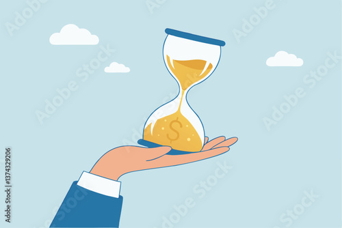 Time is money, long term investment to gain profit earning, interest rate return from savings, salary growth or wage increase concept, businessman hand holding hourglass with sand falling to money.