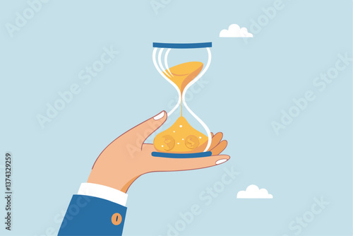Time is money, long term investment to gain profit earning, interest rate return from savings, salary growth or wage increase concept, businessman hand holding hourglass with sand falling to money.