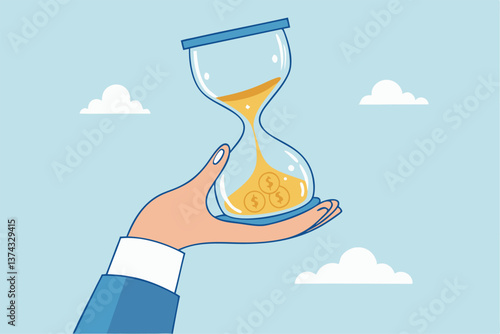 Time is money, long term investment to gain profit earning, interest rate return from savings, salary growth or wage increase concept, businessman hand holding hourglass with sand falling to money.
