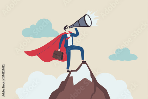 Business vision to see journey to success, discovery new opportunity, looking for jobs, future success or career goal, leadership mission concept, businessman lookout telescope on top mountain peak.