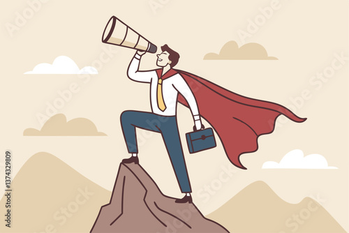 Business vision to see journey to success, discovery new opportunity, looking for jobs, future success or career goal, leadership mission concept, businessman lookout telescope on top mountain peak.