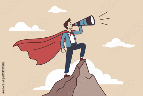 Business vision to see journey to success, discovery new opportunity, looking for jobs, future success or career goal, leadership mission concept, businessman lookout telescope on top mountain peak.