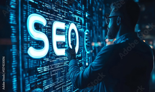Man interacting with a digital screen displaying seo text and lines of code in a dark environment