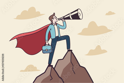 Business vision to see journey to success, discovery new opportunity, looking for jobs, future success or career goal, leadership mission concept, businessman lookout telescope on top mountain peak.