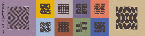 Kit of Postmodern geometric compositions with abstract shapes in brutalism aesthetics, mosaic of brutal figures, trendy color retro futuristic elements, vector modernist ornament, cards art 6
