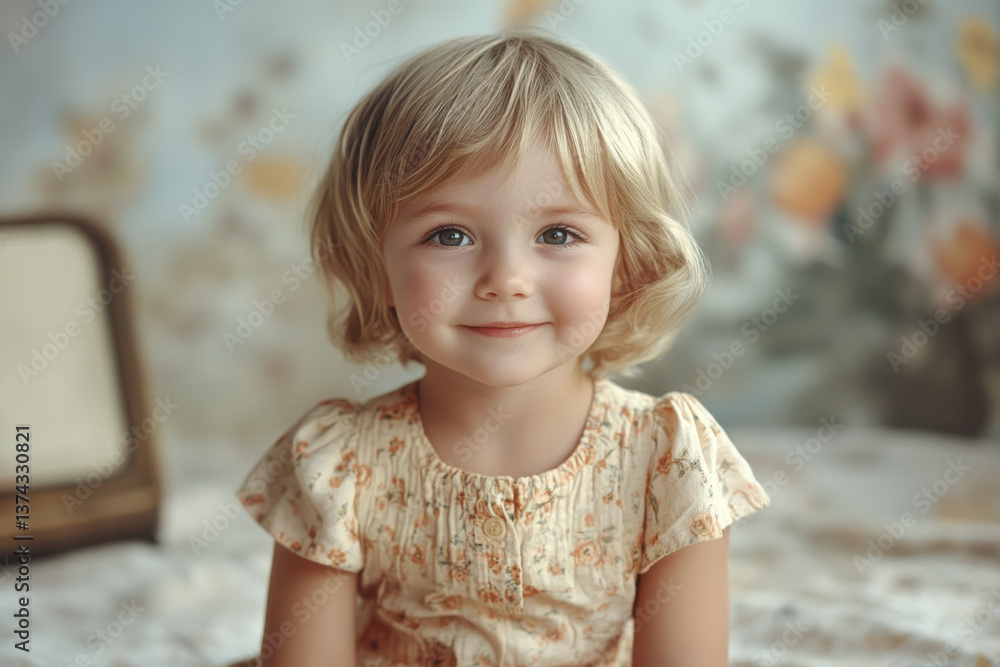Little girl sitting on a bed, surrounded by colorful toys and books, with a big smile on her face. Little girl sitting on a bed, surrounded by colorful toys and books, with a big smile on her face.