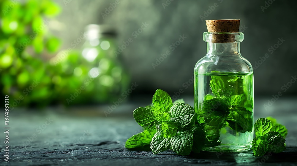 Bottle with fresh mint leaves Bottle with fresh mint leaves
