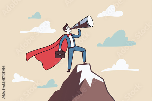 Business vision to see journey to success, discovery new opportunity, looking for jobs, future success or career goal, leadership mission concept, businessman lookout telescope on top mountain peak.