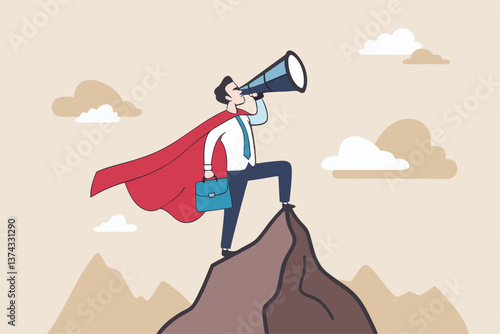 Business vision to see journey to success, discovery new opportunity, looking for jobs, future success or career goal, leadership mission concept, businessman lookout telescope on top mountain peak.
