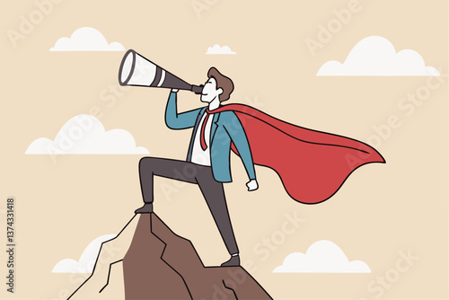 Business vision to see journey to success, discovery new opportunity, looking for jobs, future success or career goal, leadership mission concept, businessman lookout telescope on top mountain peak.