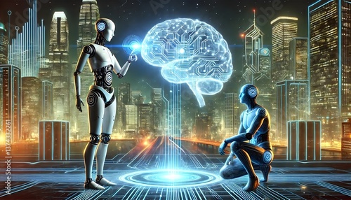 AI illustration with the humanoid robot, glowing digital brain, and futuristic cityscape.