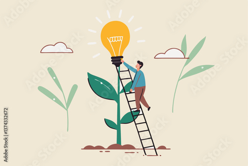 Creativity idea, solution or persuade success, climb up career ladder or business growth, improvement progress, personal development concept, businessman climb up ladder to reach lightbulb grow plant.