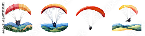 Colorful parachutes descending over stylized landscapes, showcasing the thrill of paragliding in vibrant, artistic depictions.