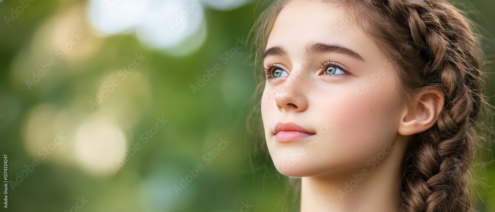 Natural portrait of young girl outdoors with soft expression and braided hair suggesting innocence tranquility and emotional honesty in nature inspired calm lighting and fresh green tone Natural portrait of young girl outdoors with soft expression and braided hair suggesting innocence tranquility and emotional honesty in nature inspired calm lighting and fresh green tone
