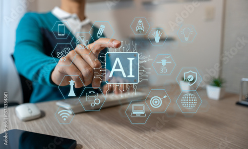 A businessman interacts with a generative artificial intelligence. A digital tool from an advanced AI that performs calculations very quickly